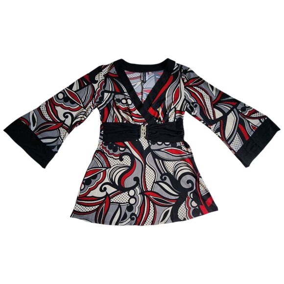 Heart Soul Red Black White Multicolor Swirl Print Faux Wrap 3/4 Sleeve Top Sz M - Picture 1 of 12